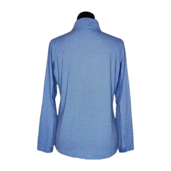 Ibkul Blue Mini Check Gingham Long Sleeve Mock Neck Top Size M Golf Pickleball - Picture 4 of 8